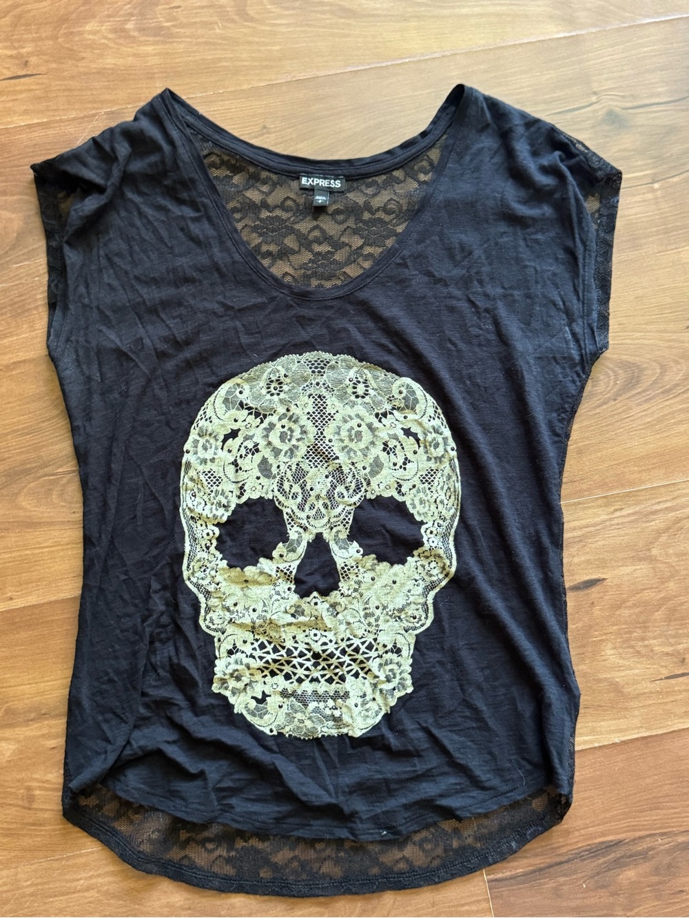 Express Black Short-Sleeve Tee with Gold Lace Skull